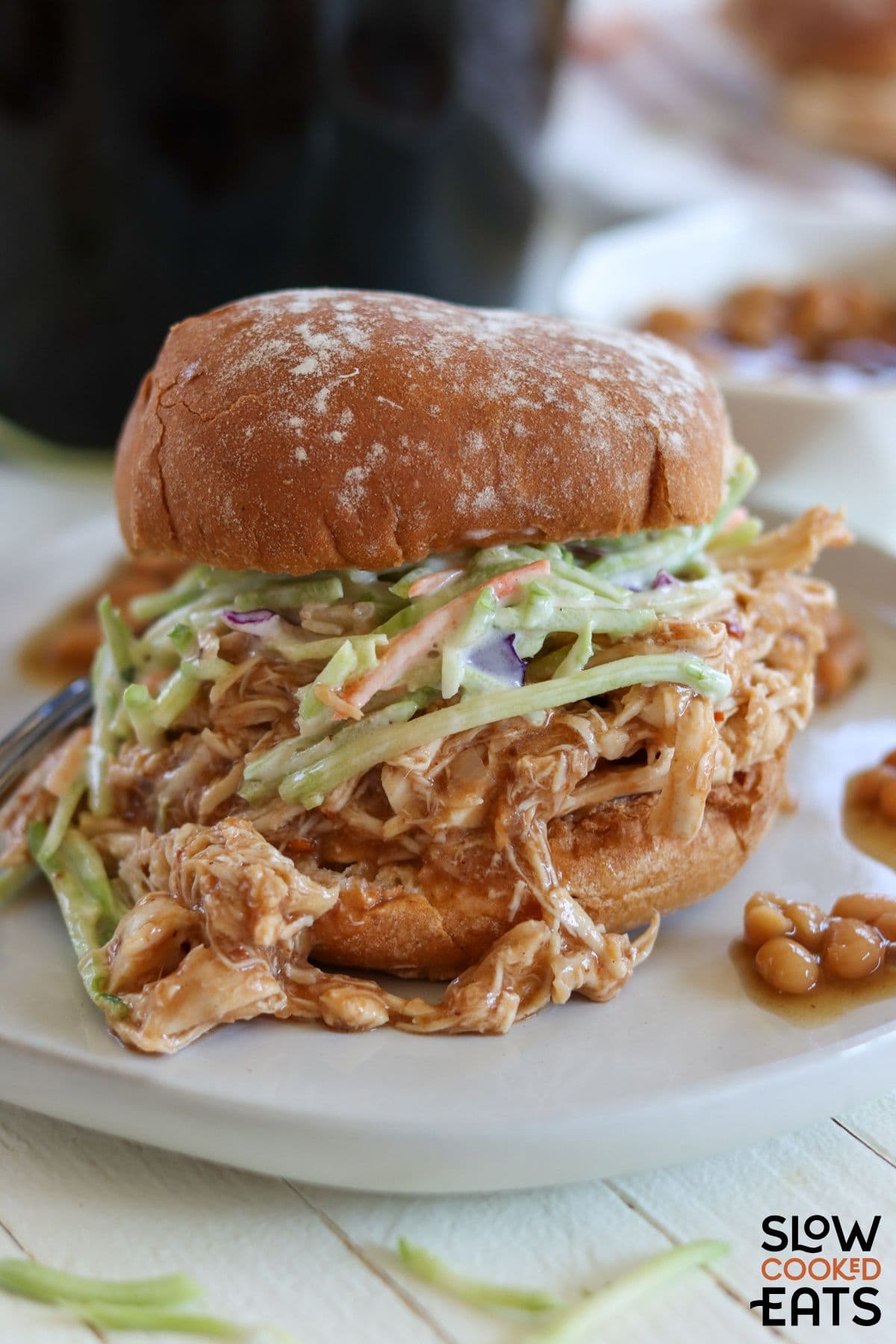 BBQ pulled chicken sandwich that was made in the crockpot.