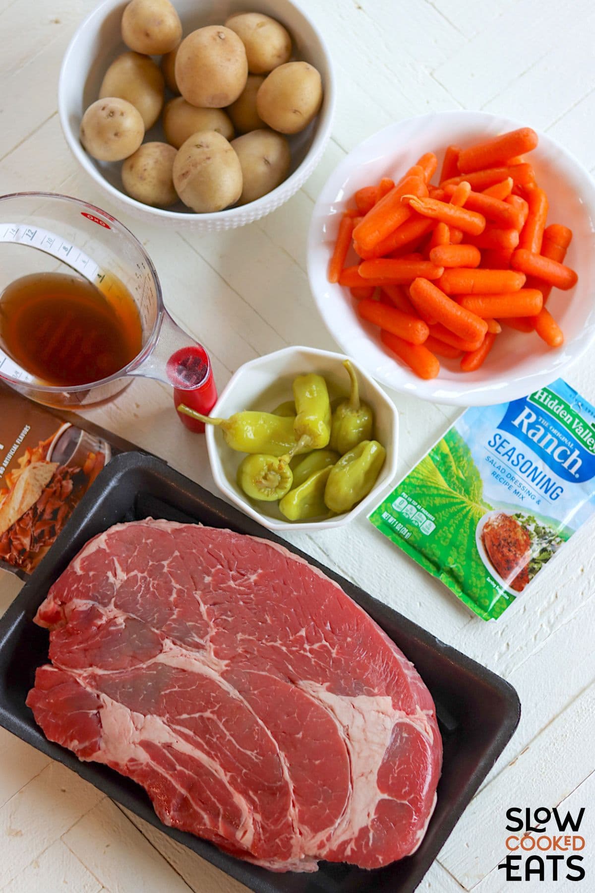 Crock pot Mississippi pot roast ingredients.