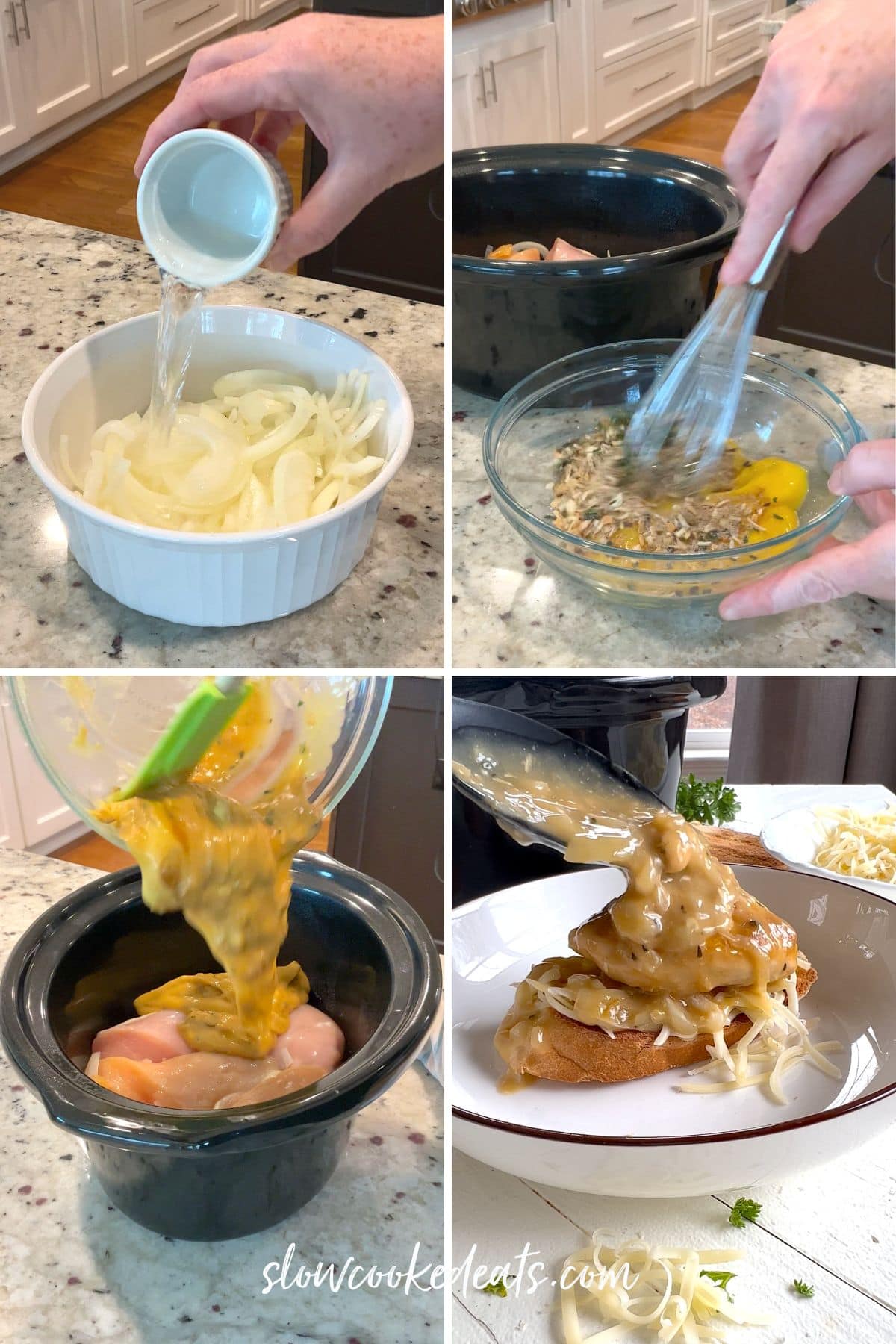 step by step images making french onion chicken in a black crock pot.