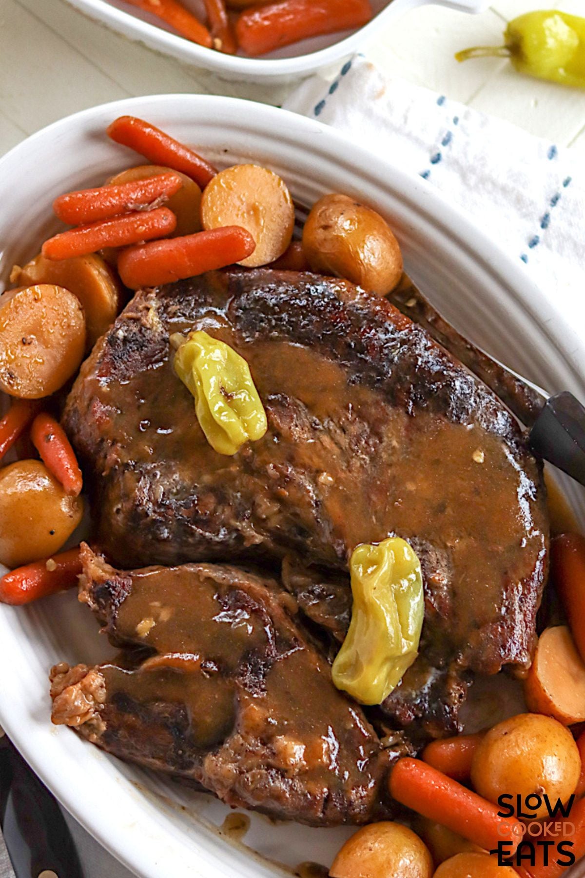 Mississippi pot roast with potatoes and carrots.