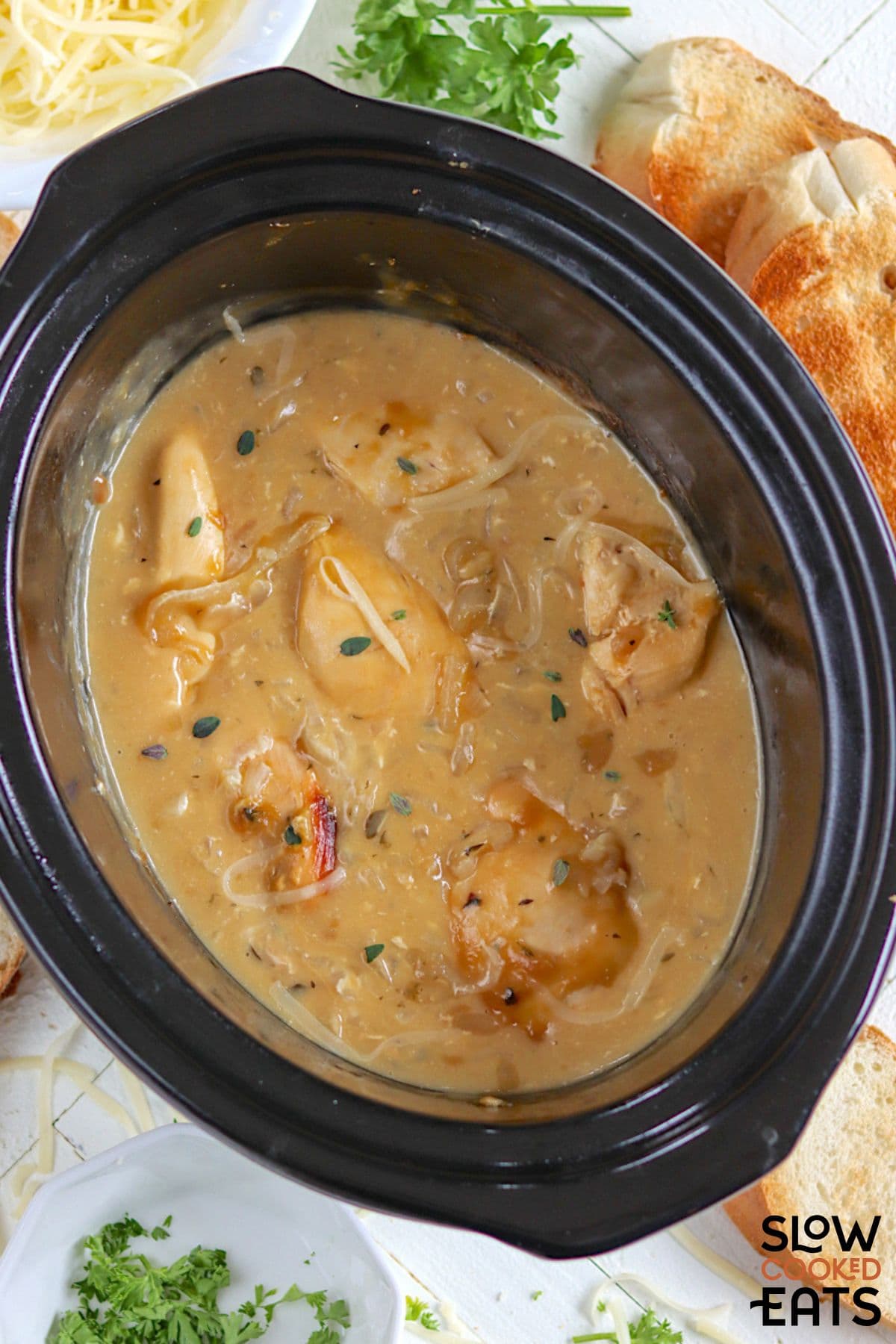Slow cooker French onion chicken.