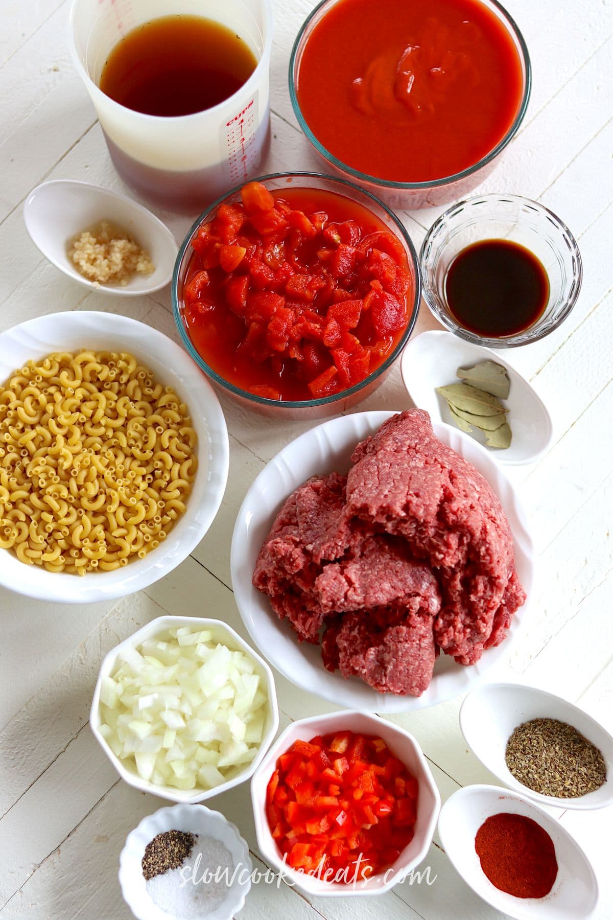 Ingredients needed for making crock pot american goulash in slow cooker.
