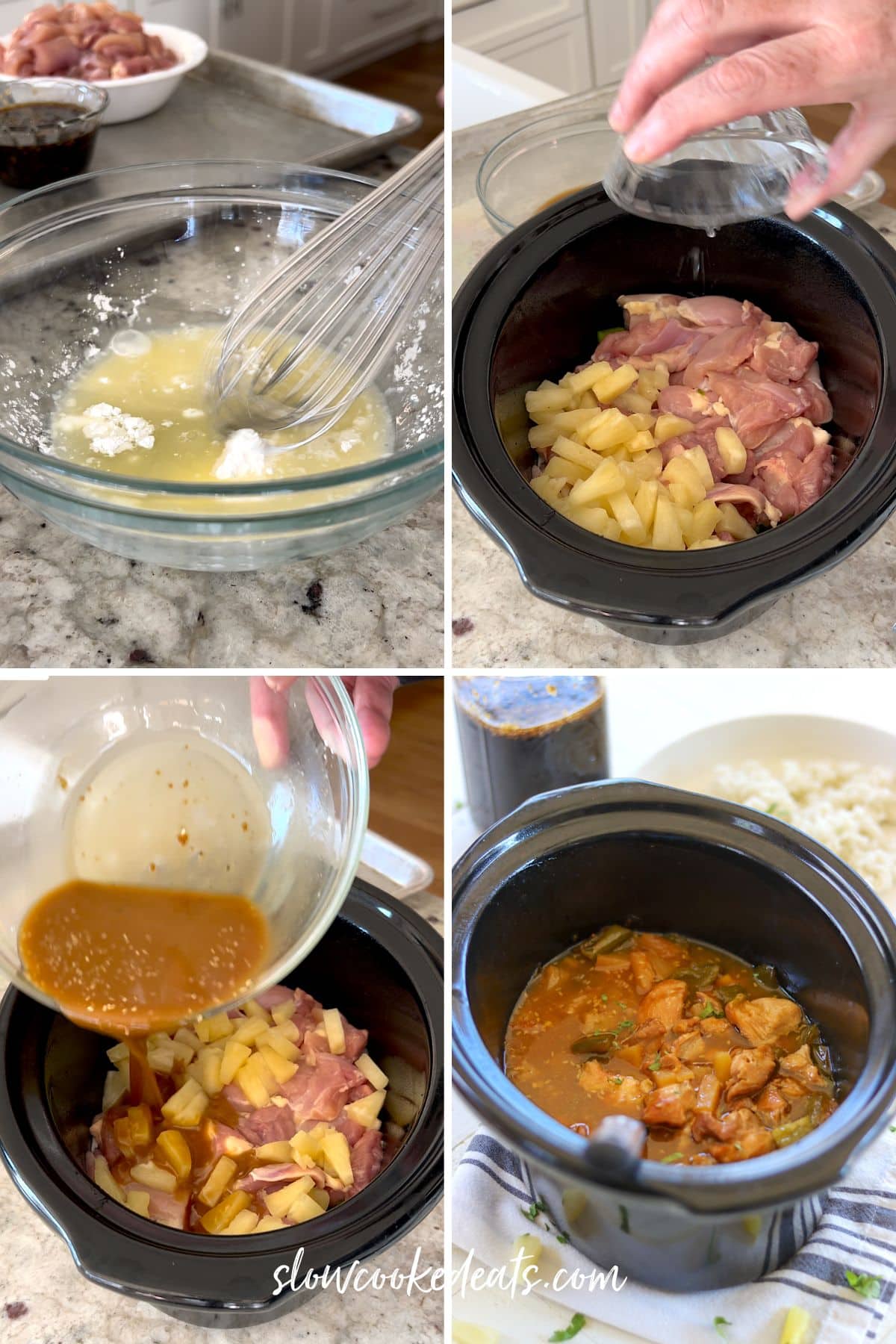 4 step by step images making crock pot teriyaki chicken with pineapple in a black oval slow cooker