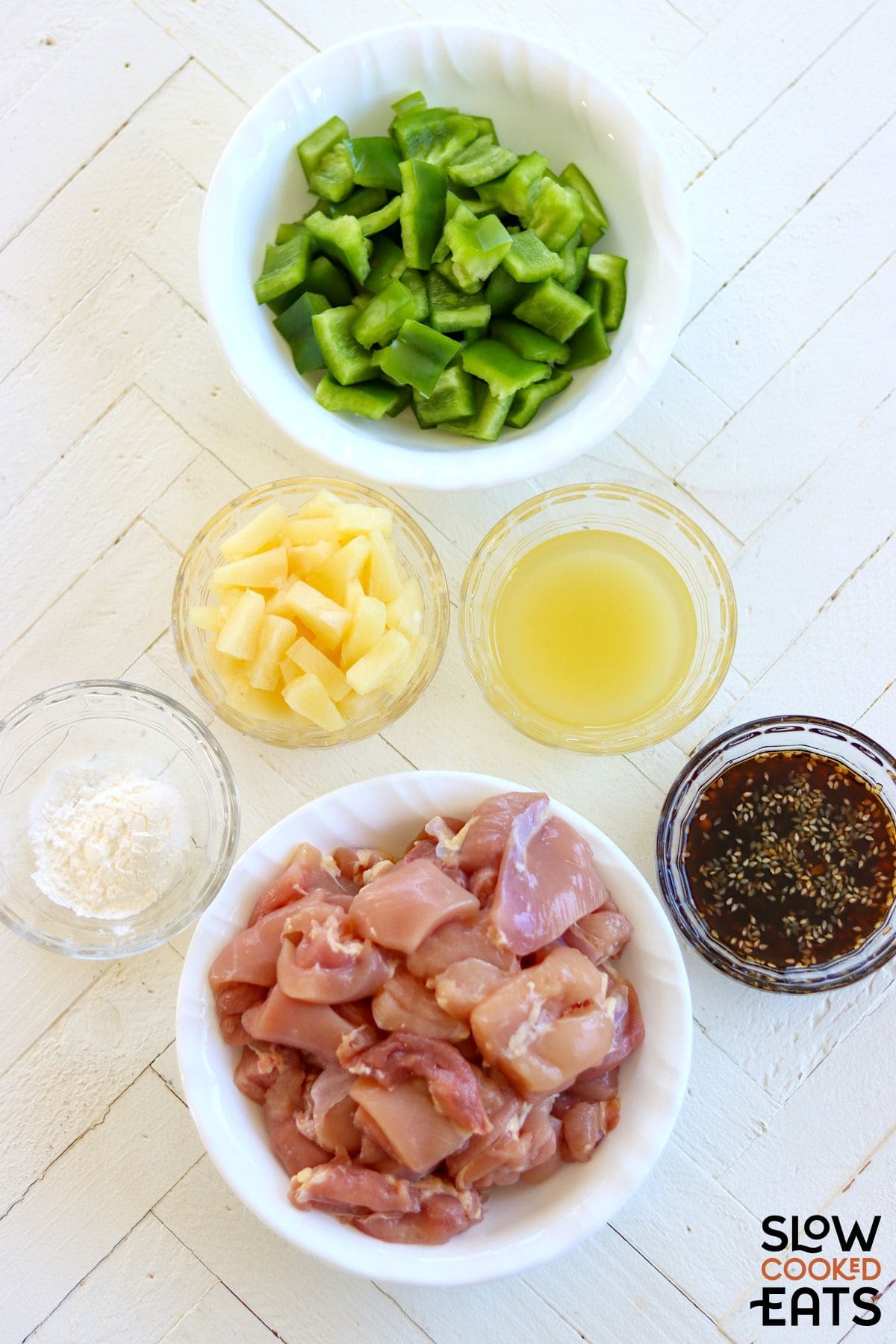 Ingredients needed for pineapple teriyaki chicken sitting on the counter.