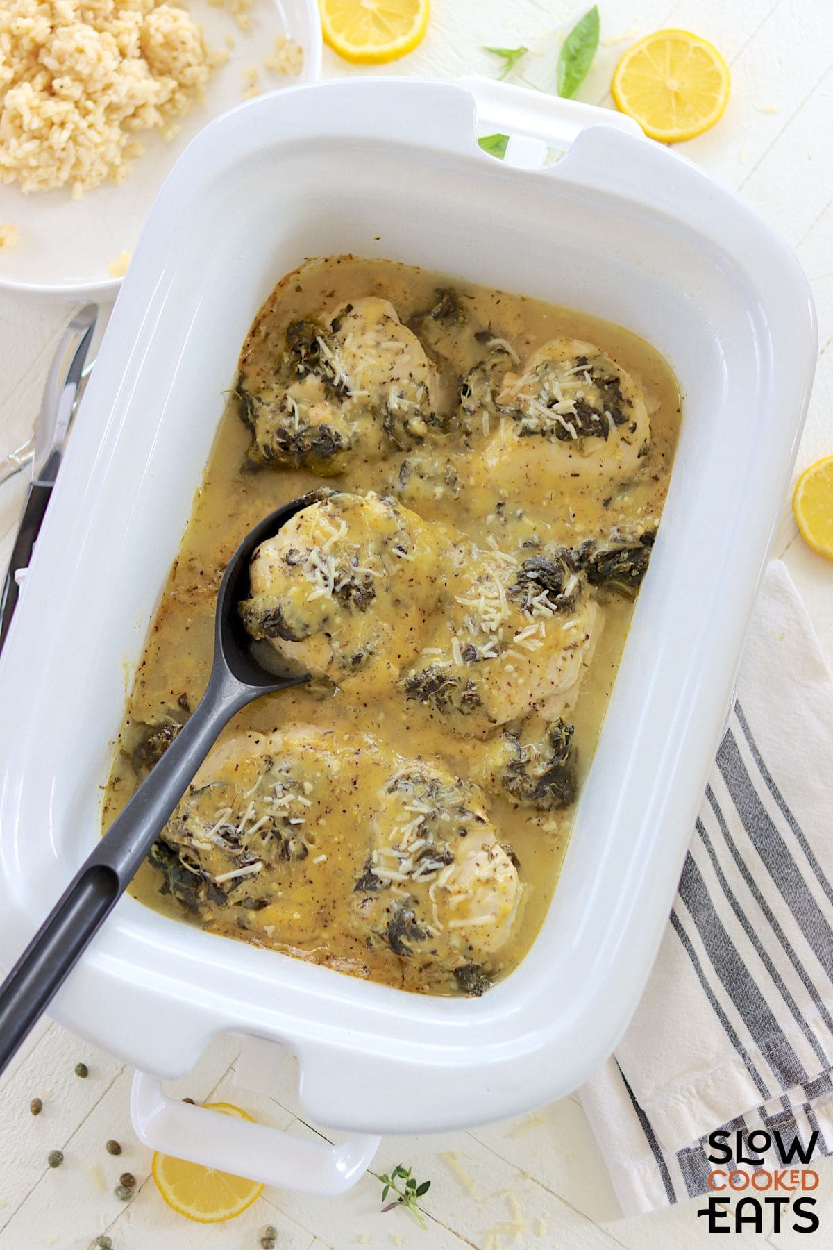 Lemon pepper chicken finished in the crockpot.