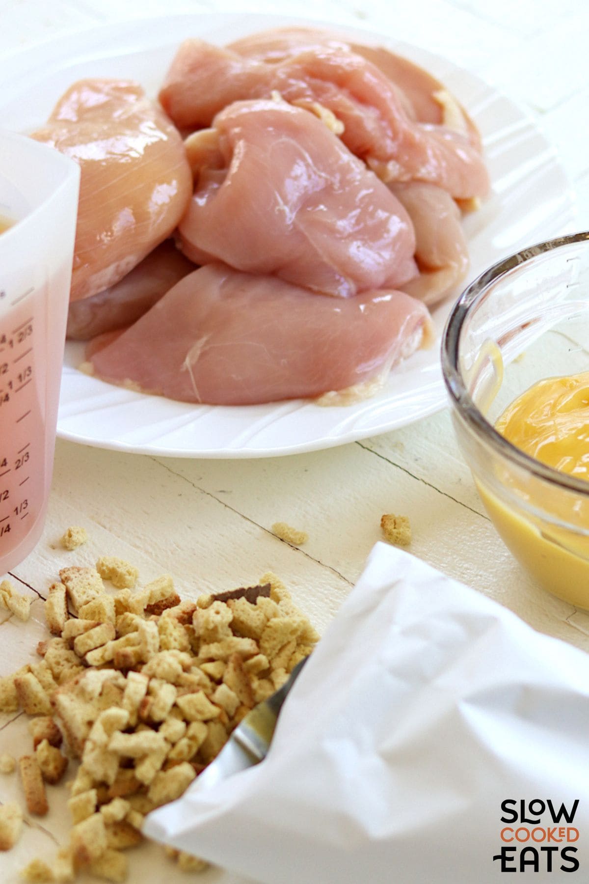 Image of slow cooker chicken and stuffing ingredients.