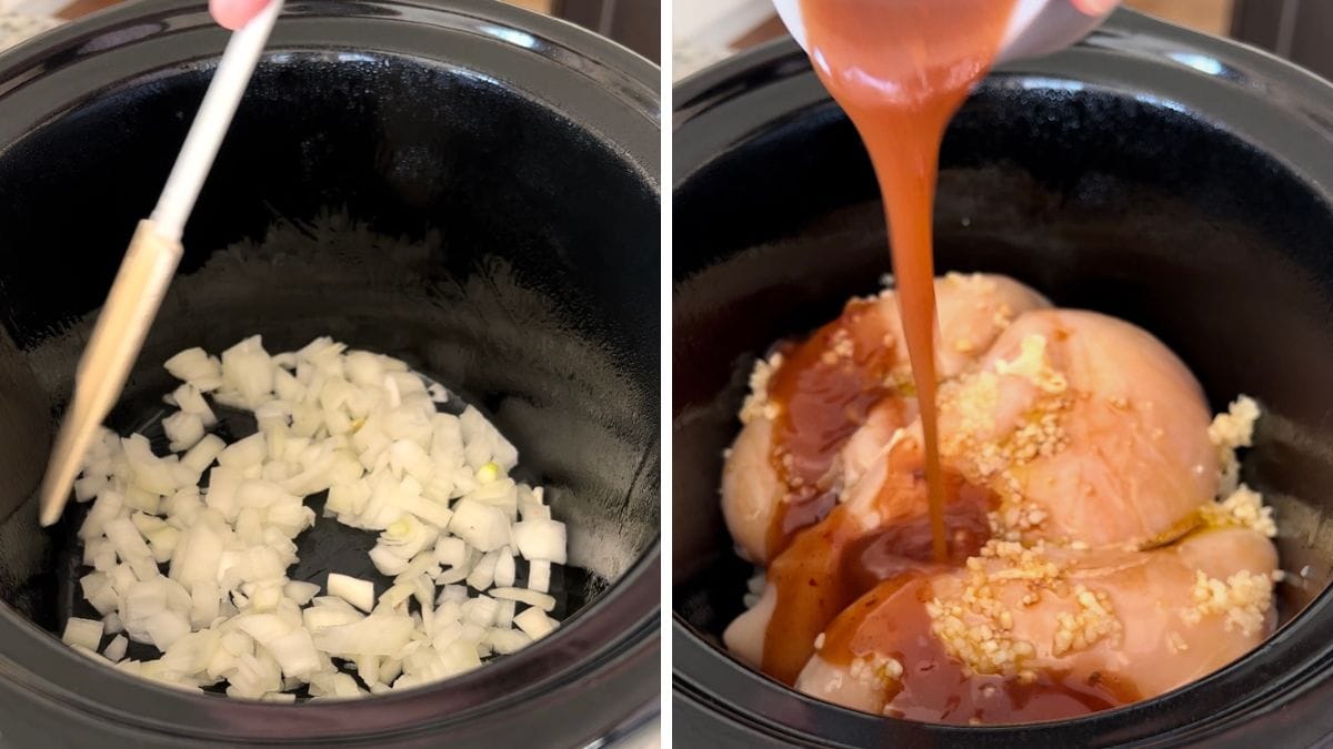 Adding onion, chicken breast, and all remaining ingredients to a black slow cooker.