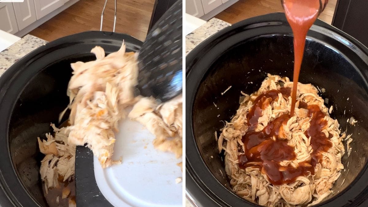 Returning the shredded chicken to the slow cooker then pouring bbq sauce over the top