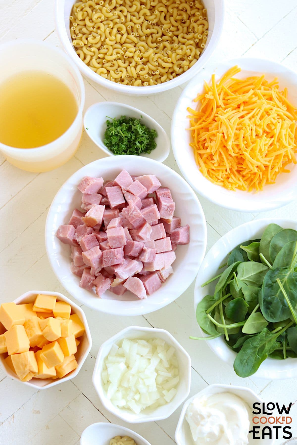 Crock pot ham and cheese casserole ingredients image.