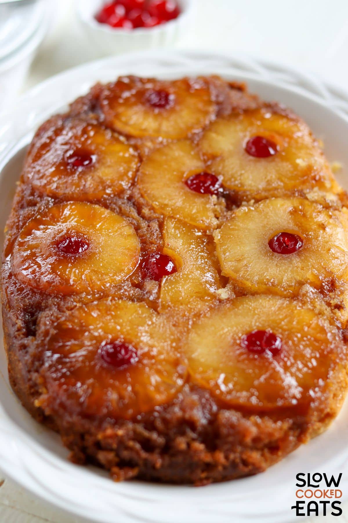 Crock pot pineapple upside down cake overhead shot.