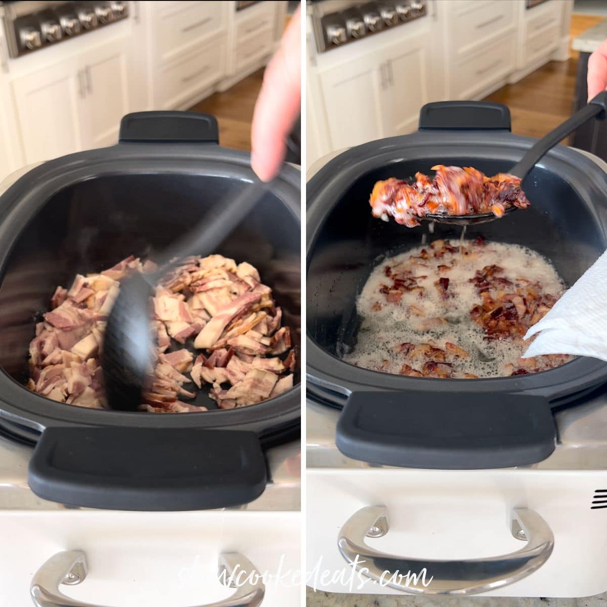 Cooking bacon in a black crock pot.