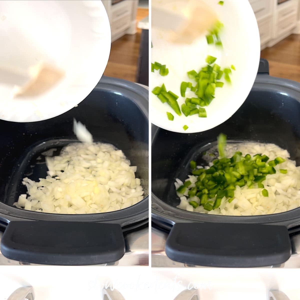 Adding onion and green pepper to a black oval crock pot.