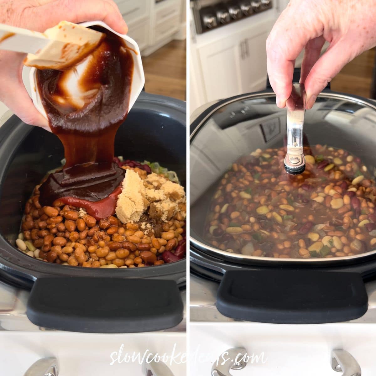 Adding the ingredients and covering the black crock pot with a lid.