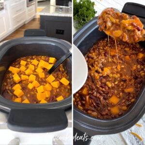 Adding cheese and then serving crock pot baked beans.