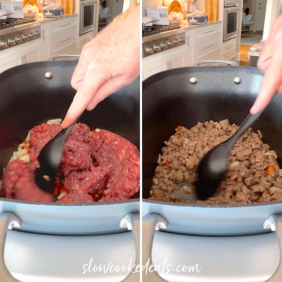 Cooking the ground beef and vegetables in a slow cooker.