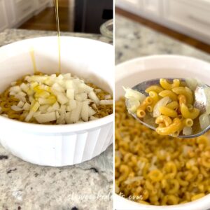 Cooking the onion and pasta in a white microwave safe dish.