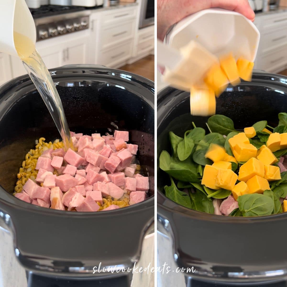 Adding the pasta, broth, ham, cheese, and spinach to the crock pot to cook.