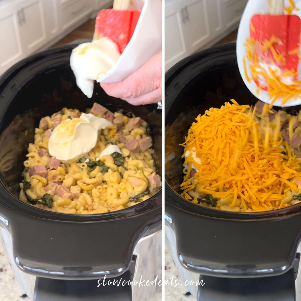 Adding the remaining ingredients and cheese to melt into the cooked pasta.