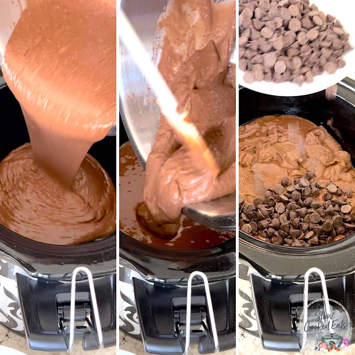 Adding the molten lava cake batter then pudding ending with chocolate chips.