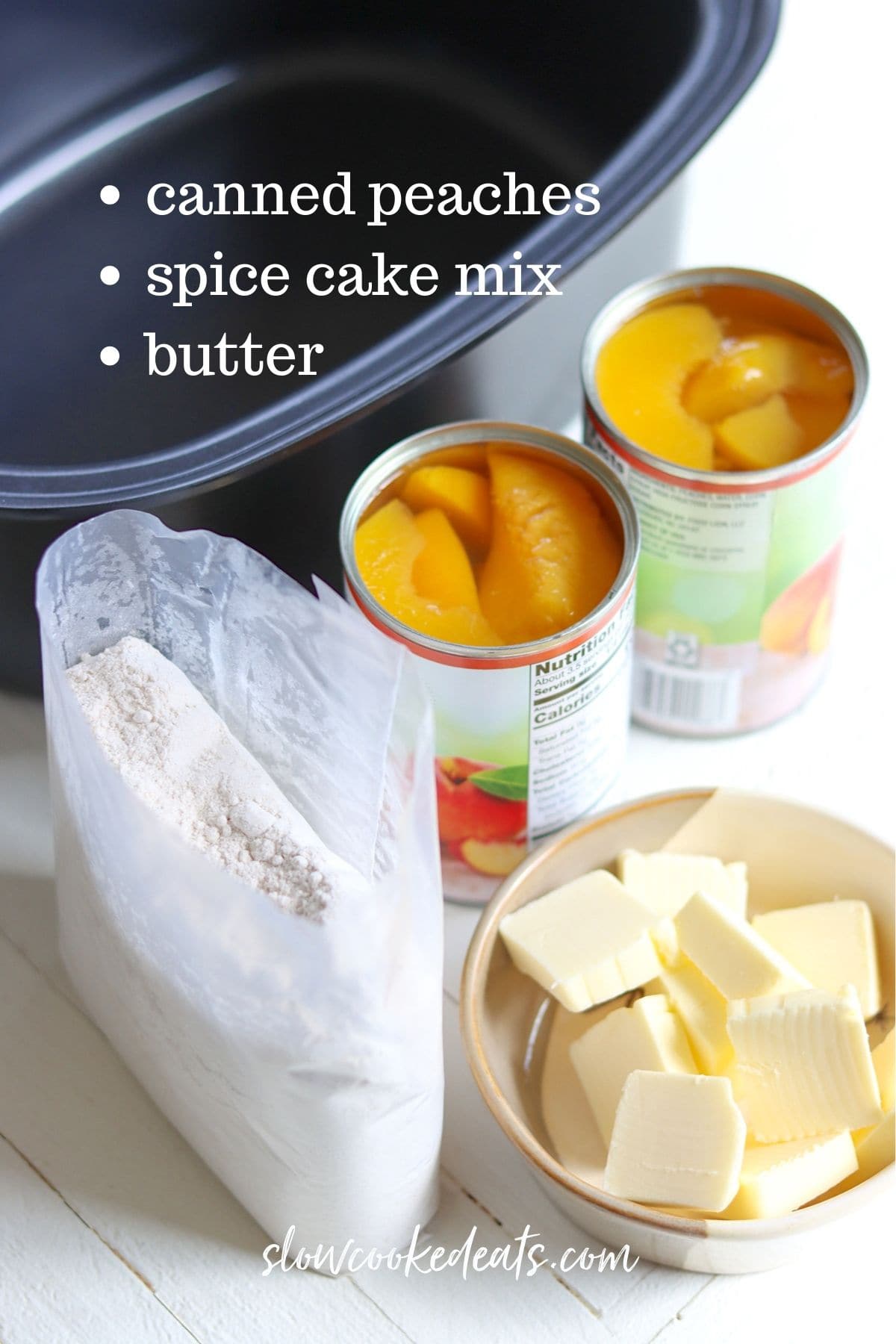 Ingredients for making crock pot peach cobbler