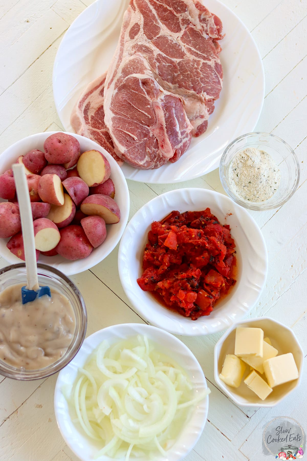 Ingredients needed for making crock pot ranch pork chops and potatoes.