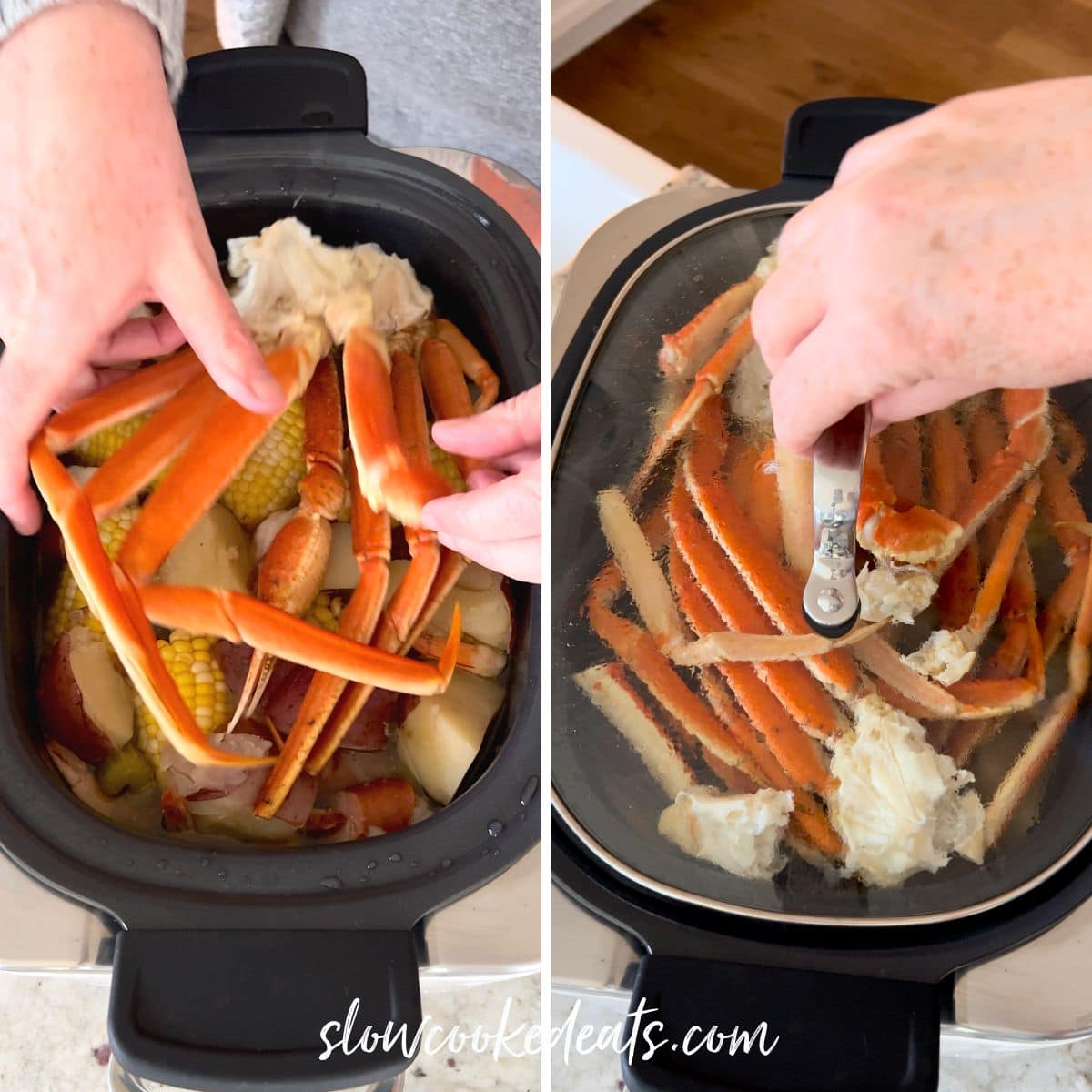 Adding crab legs to the top of the seafood boil then covering with a lid.