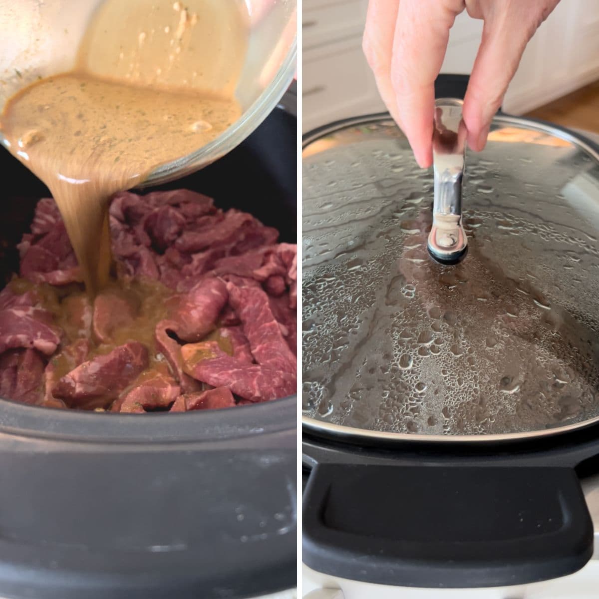 Pouring the gravy sauce over the steak and placing lid on top of the crock pot.