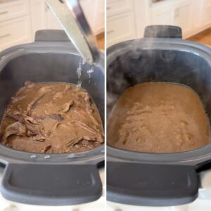 Removing the crock pot lid after cooking, then thickening the gravy.