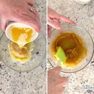 Mixing melted butter and brown sugar together in a clear glass bowl.
