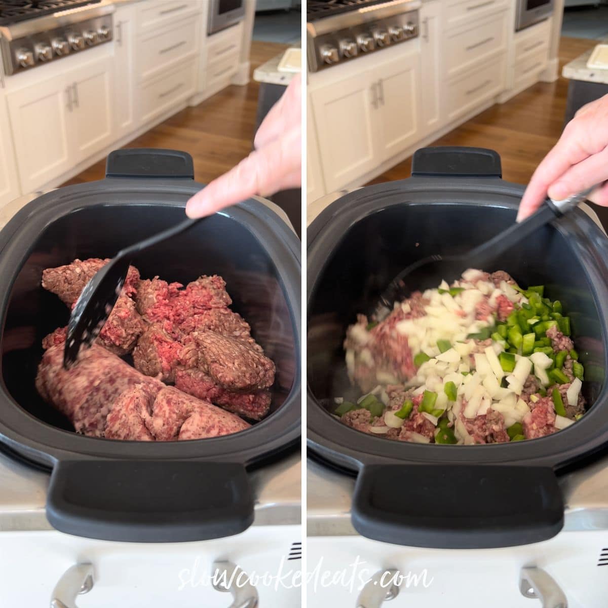 cooking the meat and vegetables in an oval black crock pot.
