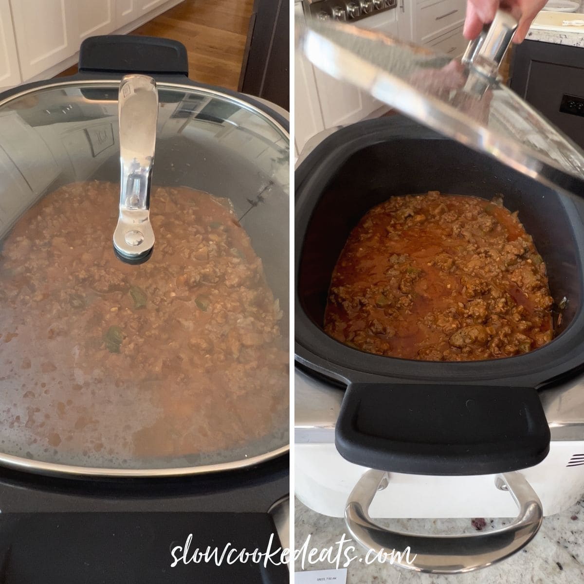 slow cooking the sloppy joes in a black crock pot.