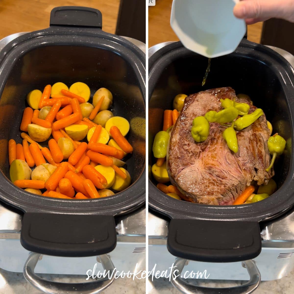 Adding the potatoes and carrots then the roast and pepperoncini to the slow cooker.