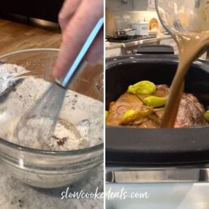 Whisking the sauce together then pouring over the pot roast.