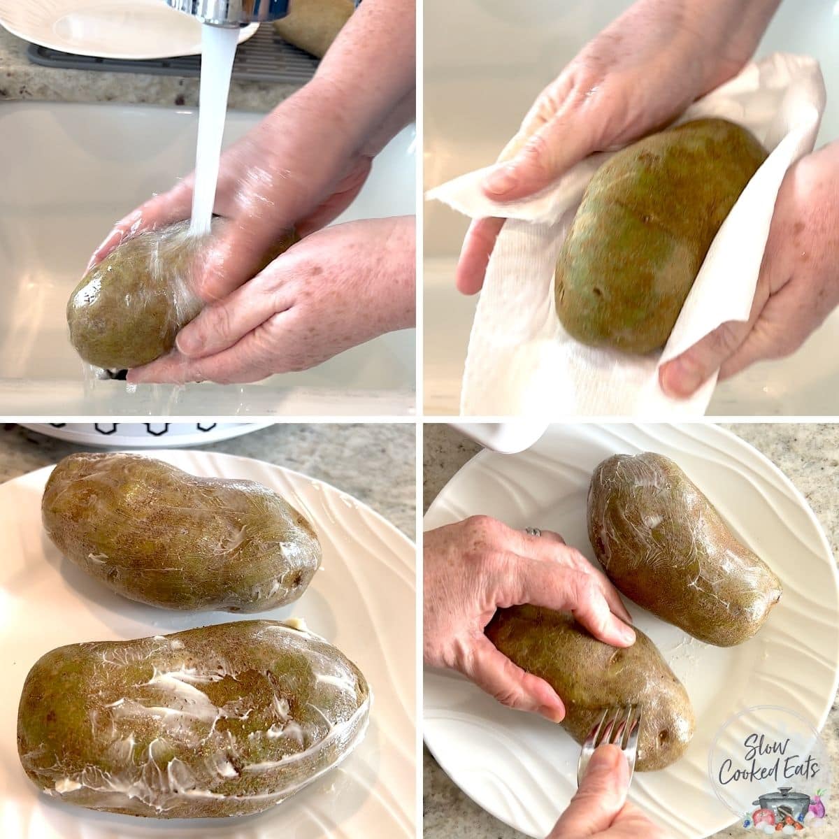 Preparing the baked potatoes by washing, drying, and covering in butter.