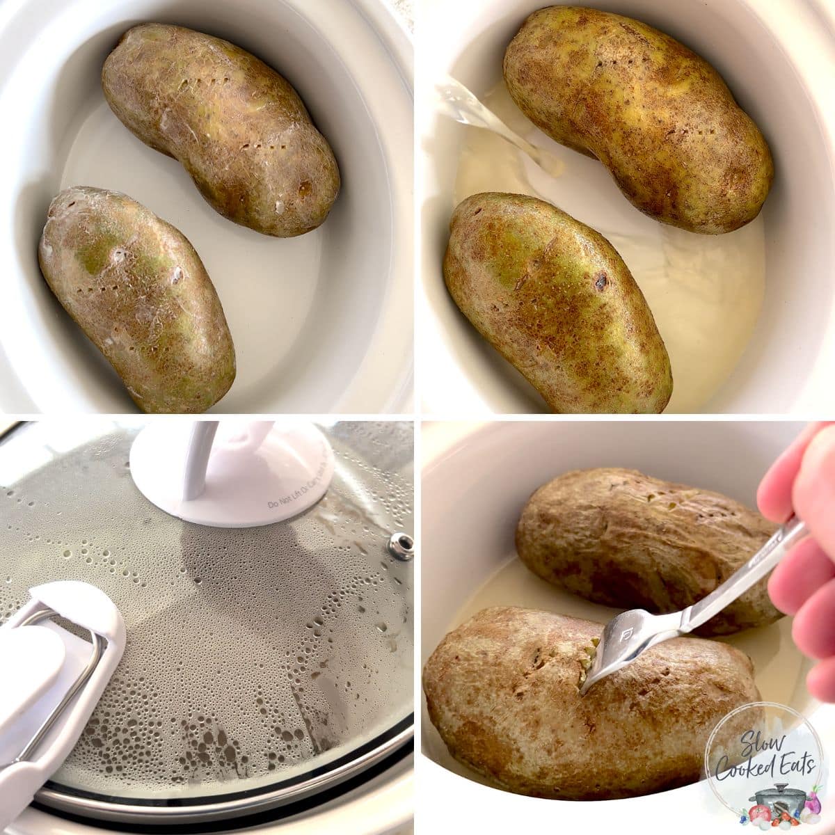 Placing the potatoes in the crock pot then slow cooking until tender.