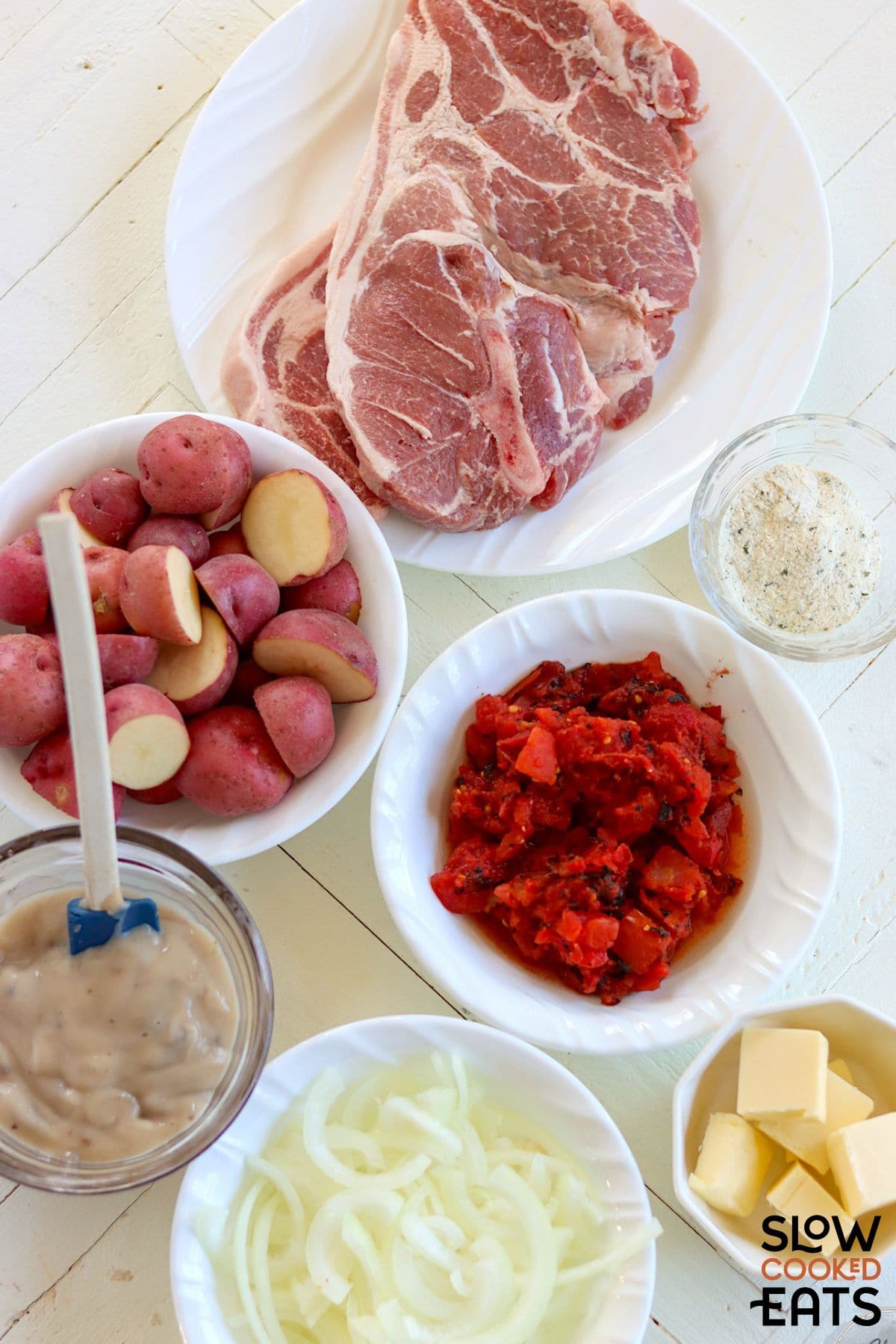 Ingredients for pork chops with ranch dressing in the crock pot.