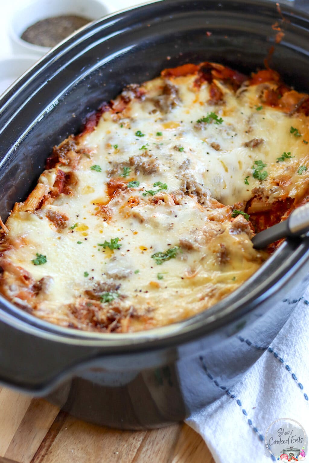 Baked Ziti in Crock Pot with Ricotta and Sausage | Slow Cooked Eats