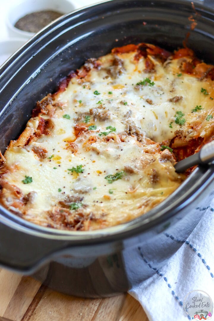 Baked Ziti in Crock Pot with Ricotta and Sausage | Slow Cooked Eats