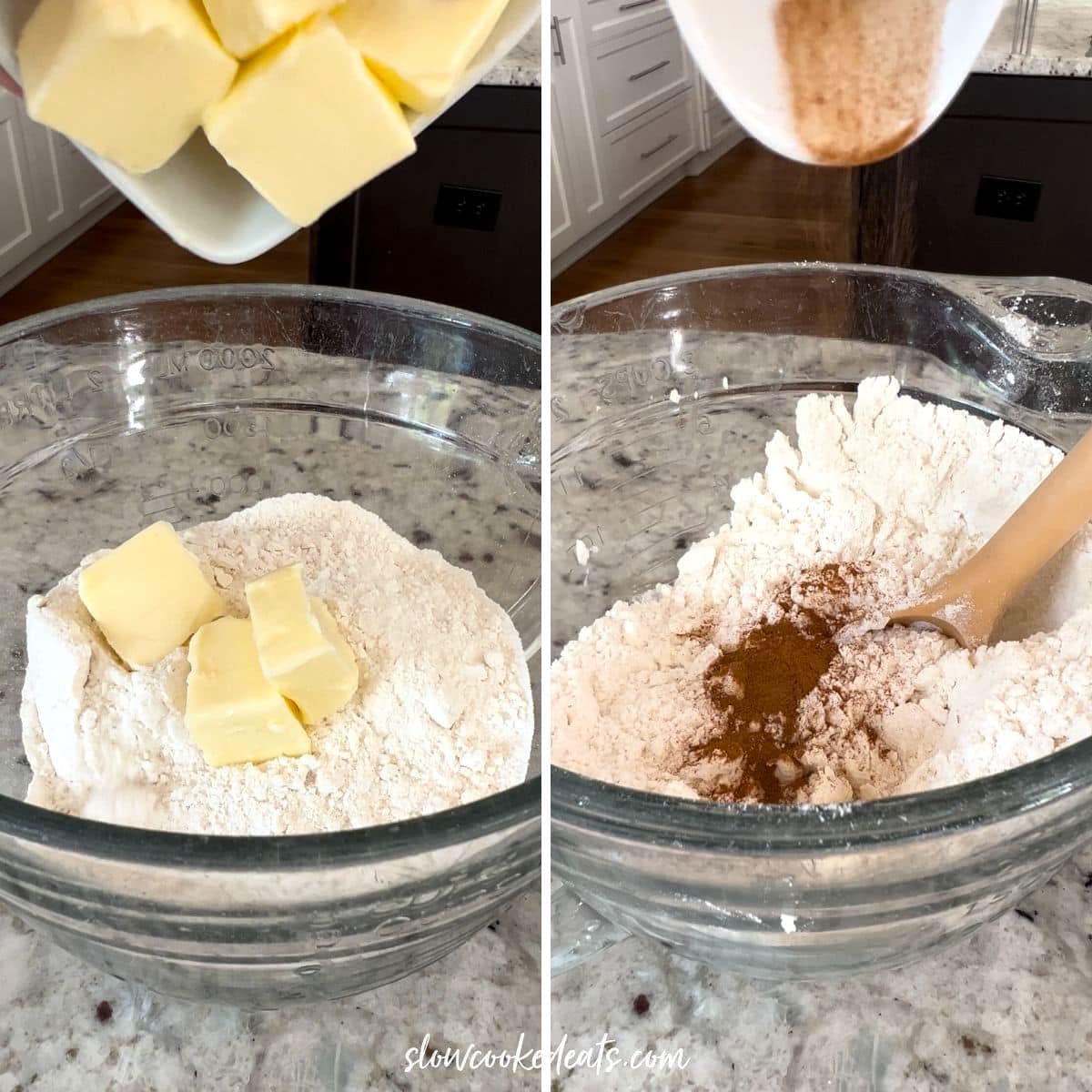 Adding butter, cake mix, and cinnamon to a small clear glass bowl.