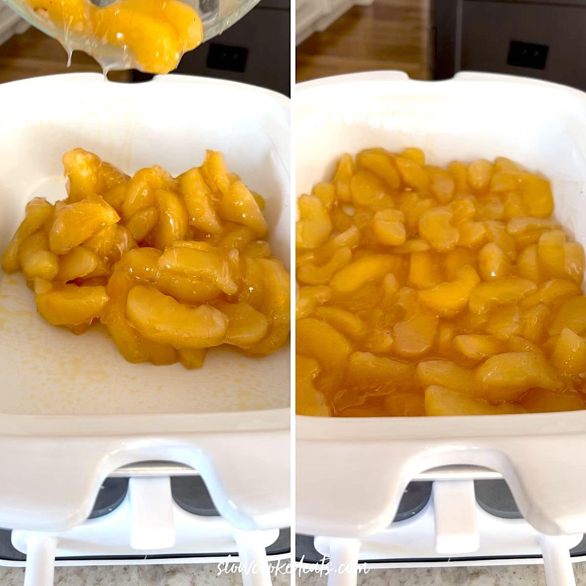 Adding apple pie filling to the bottom of the crock pot.