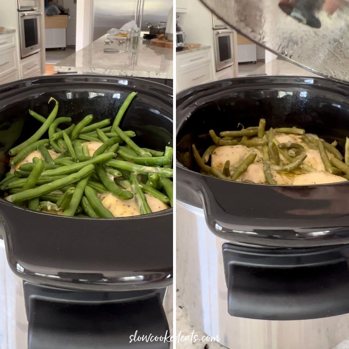 Adding green beans to the slow cooker.