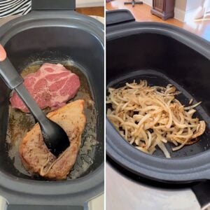 Searing the pork chops and caramelizing the onions.