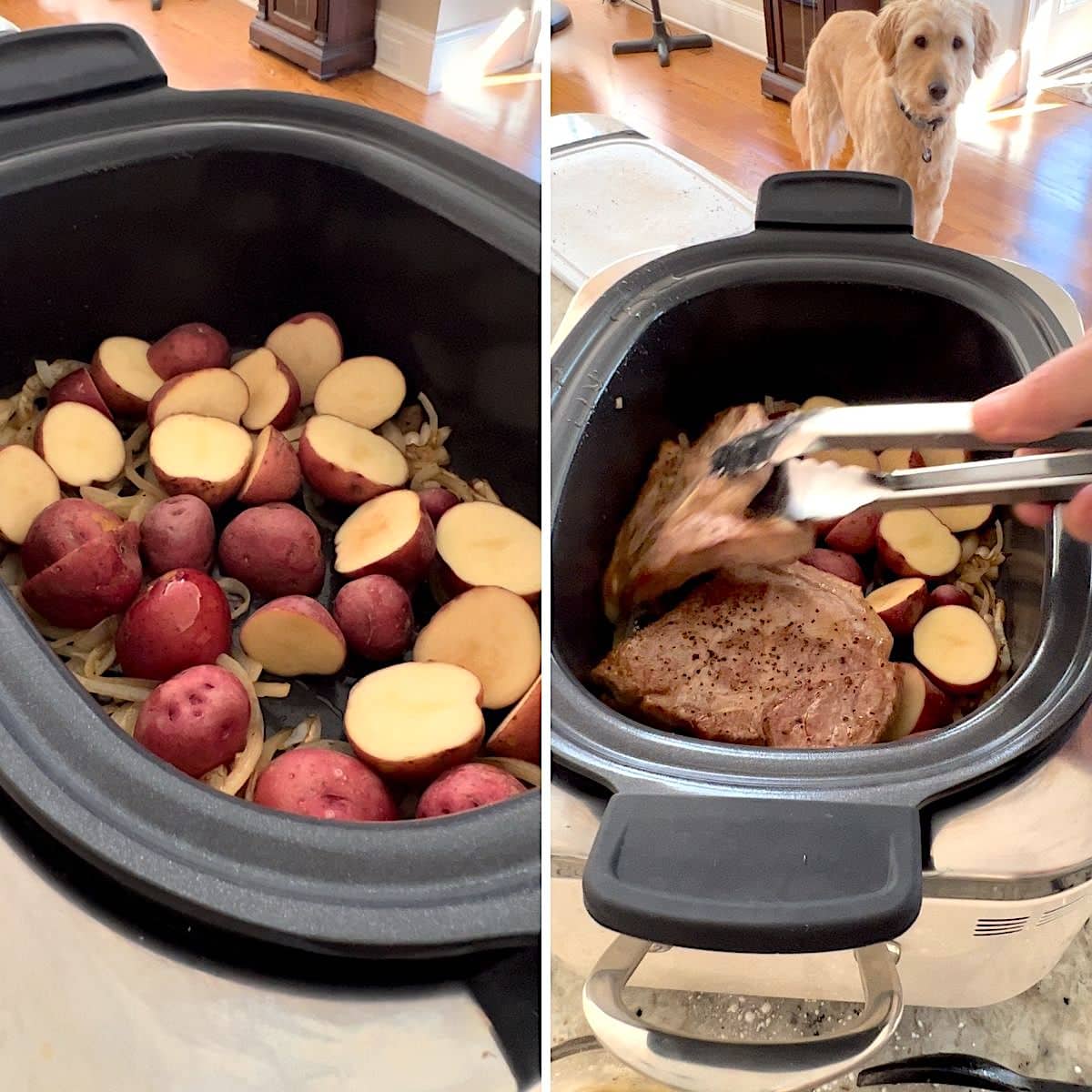 Adding the potatoes and pork chops to the crock pot.