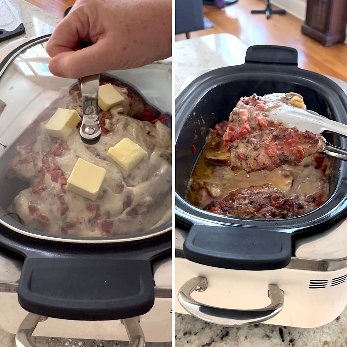 Placing the slow cooker lid on the pot. Removing the pork chops from the slow cooker after cooking.