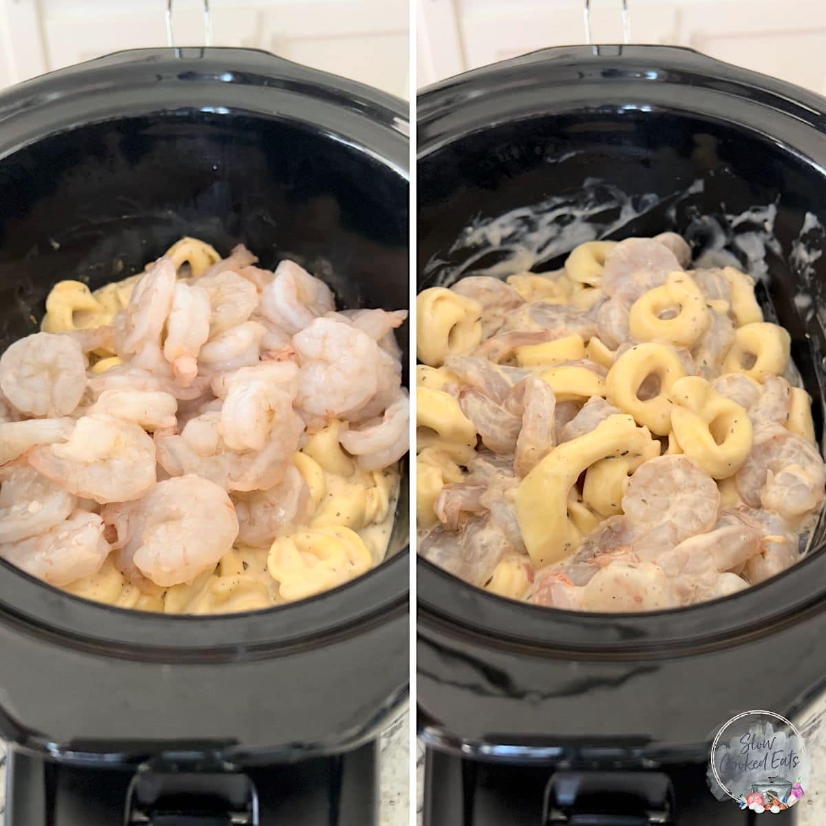 Adding thawed shrimp to a crock pot then stirring it with pasta.