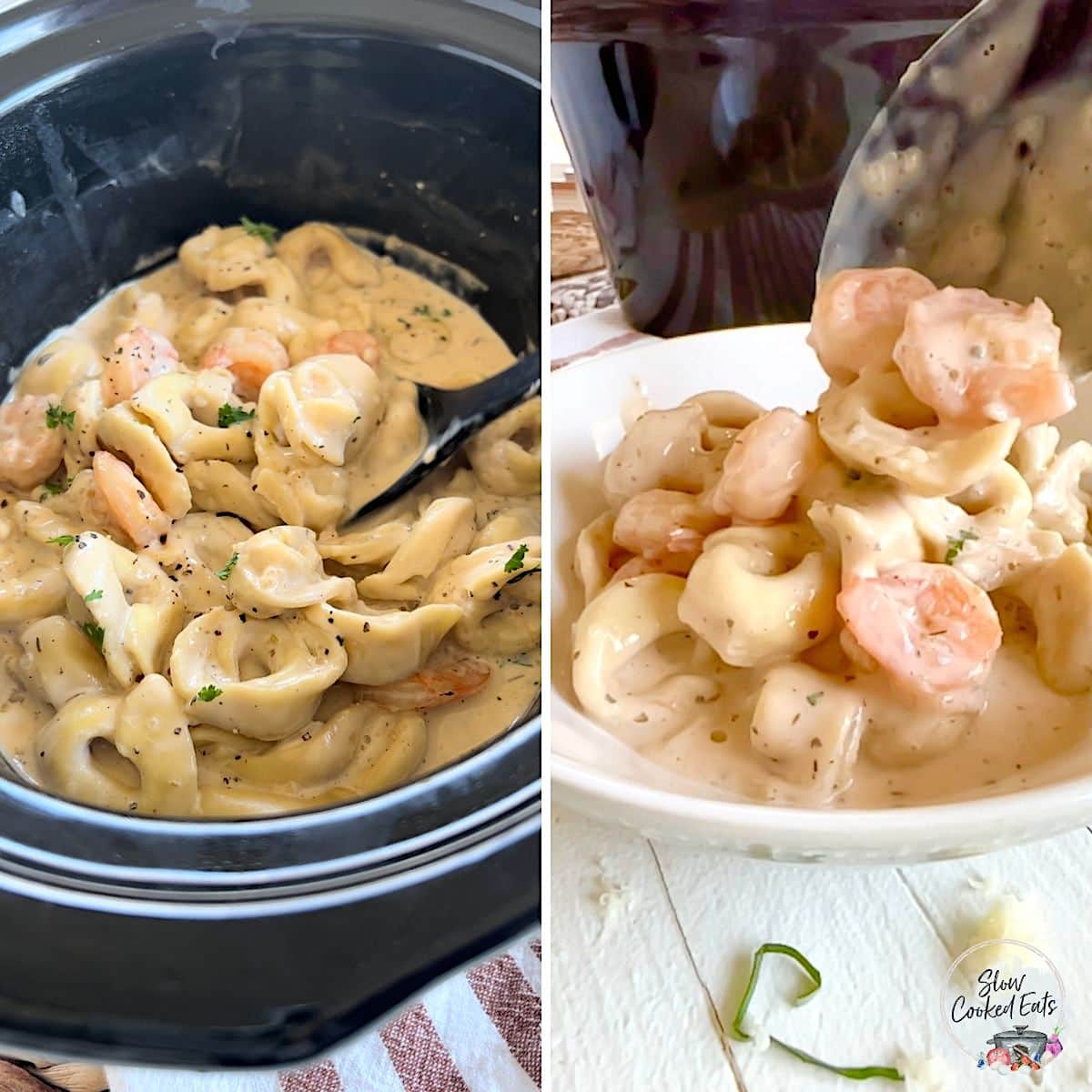 Serving the shrimp Alfredo tortellini out of the slow cooker.