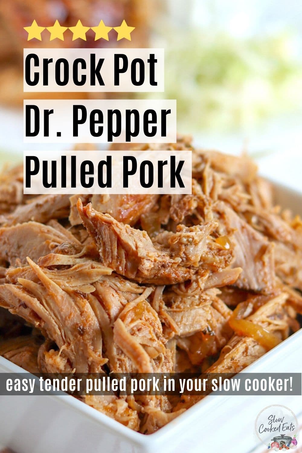 Pinterest pin with a white bowl of crock pot dr pepper rulled pork.