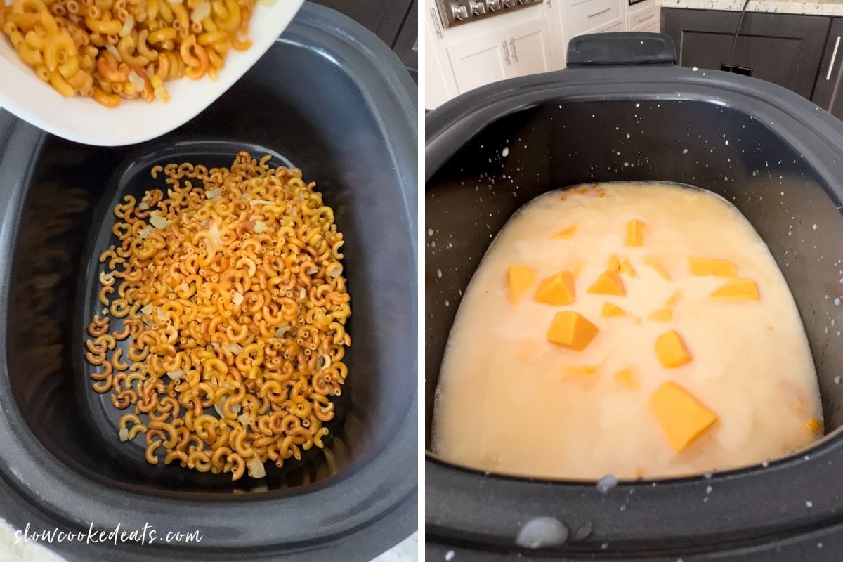 Adding pasta, broth, and cheese to crock pot.