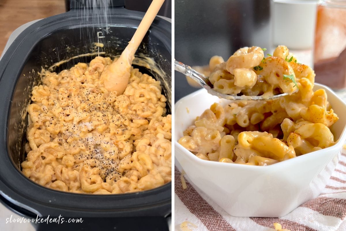 Seasoning with salt and pepper and serving mac and cheese in crock pot.