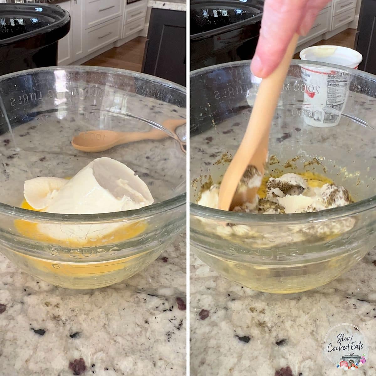 Mixing eggs and ricotta in a clear glass bowl to add to the crockpot baked ziti. 